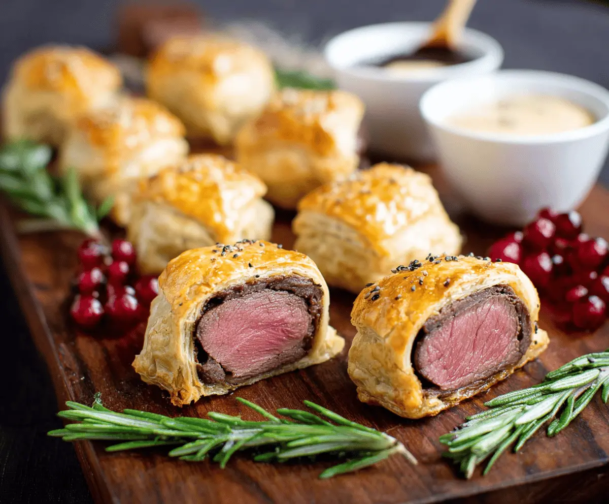 Delicious Beef Wellington Bites with flaky pastry and tender beef filling served as an appetizer.
