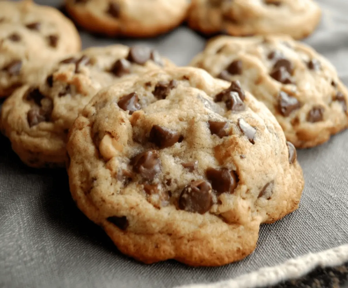 Delicious homemade Bill's chocolate chip cookies fresh out of the oven, golden and gooey.