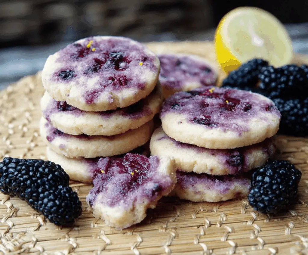 Delicious black raspberry and lemon shortbread cookies on a white plate, perfect for dessert or tea time.