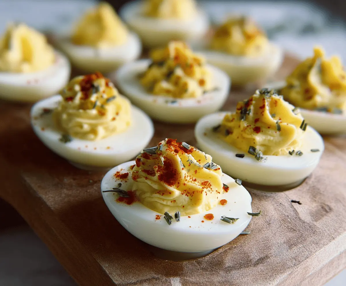 Creamy Boursin Deviled Eggs garnished with herbs, ready for a party appetizer.