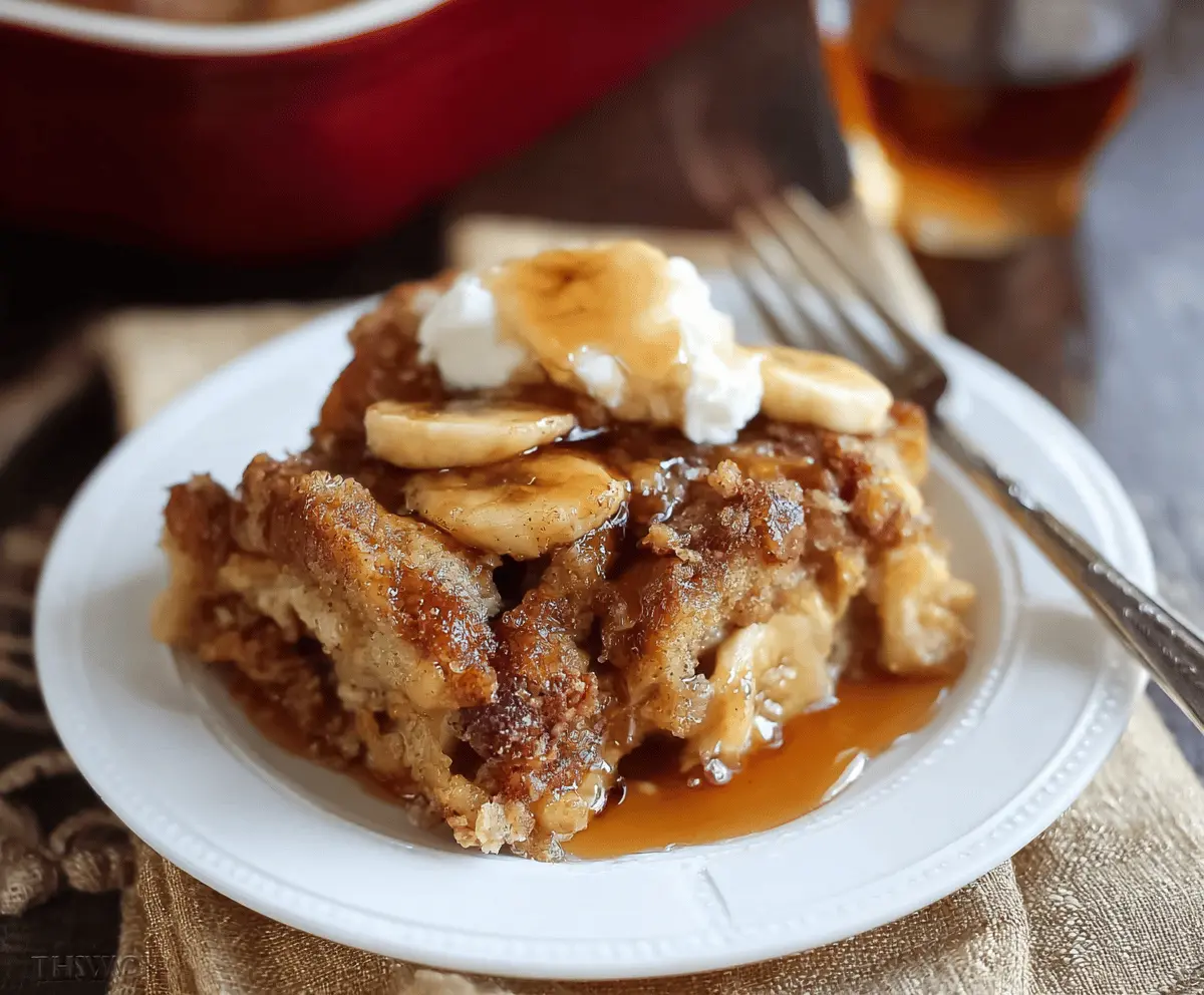 Delicious Brown Sugar Banana French Toast Casserole topped with fresh bananas and a caramelized brown sugar glaze.