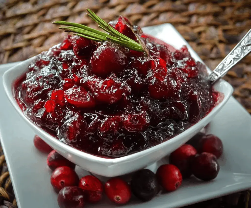 Close-up of homemade brown sugar maple cranberry sauce in a glass bowl with fresh cranberries and maple syrup