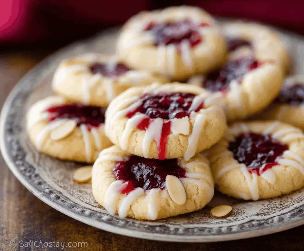 Delicious raspberry thumbprint cookies topped with almond glaze and buttery goodness