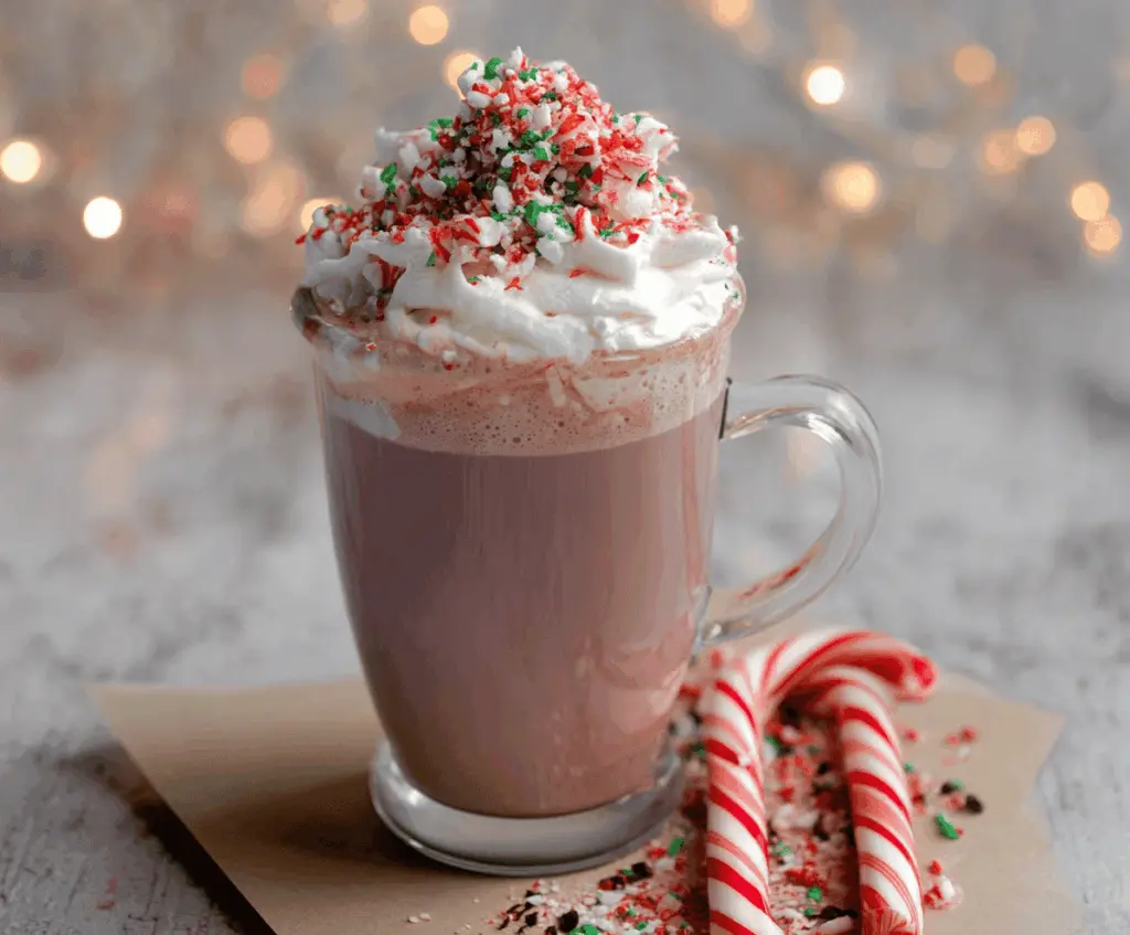 A cozy mug of Candy Cane Hot Chocolate topped with whipped cream and crushed candy canes