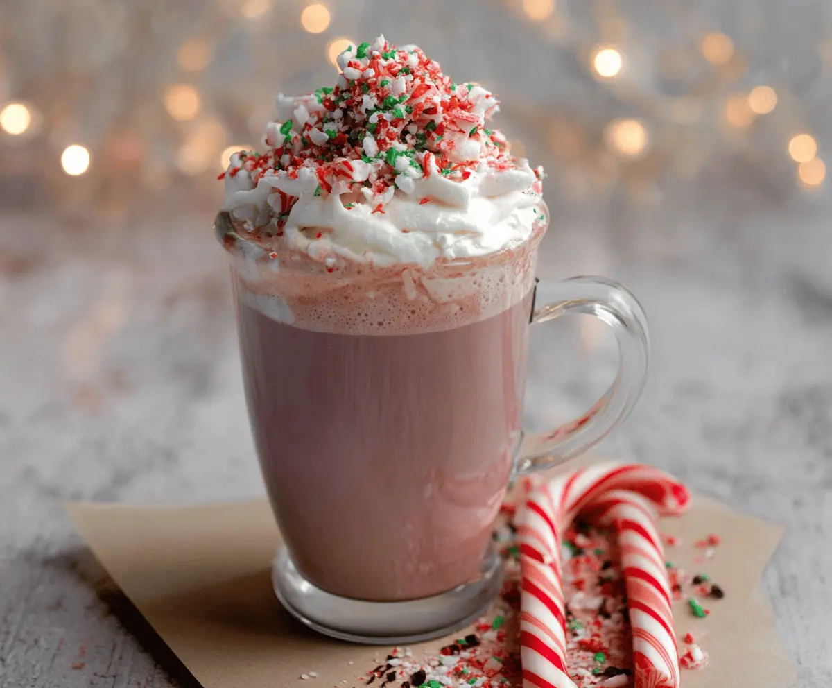 A cozy mug of Candy Cane Hot Chocolate topped with whipped cream and crushed candy canes