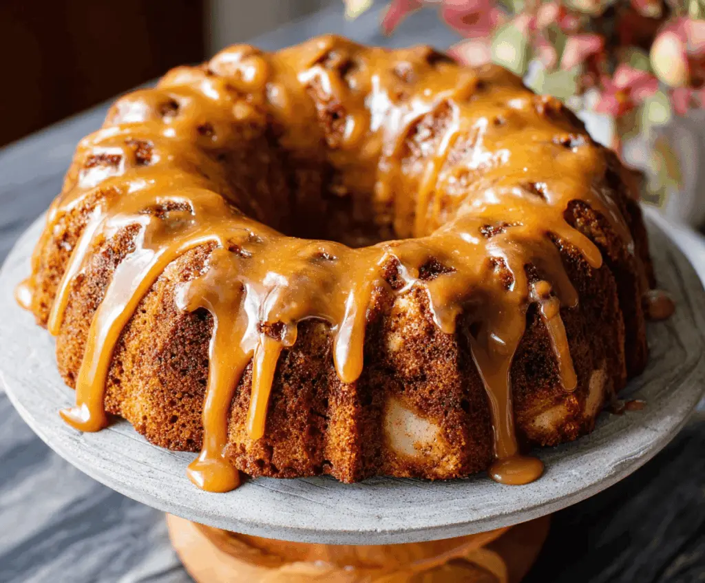 Delicious caramel apple bundt cake garnished with caramel drizzle and apple slices, perfect for fall desserts.