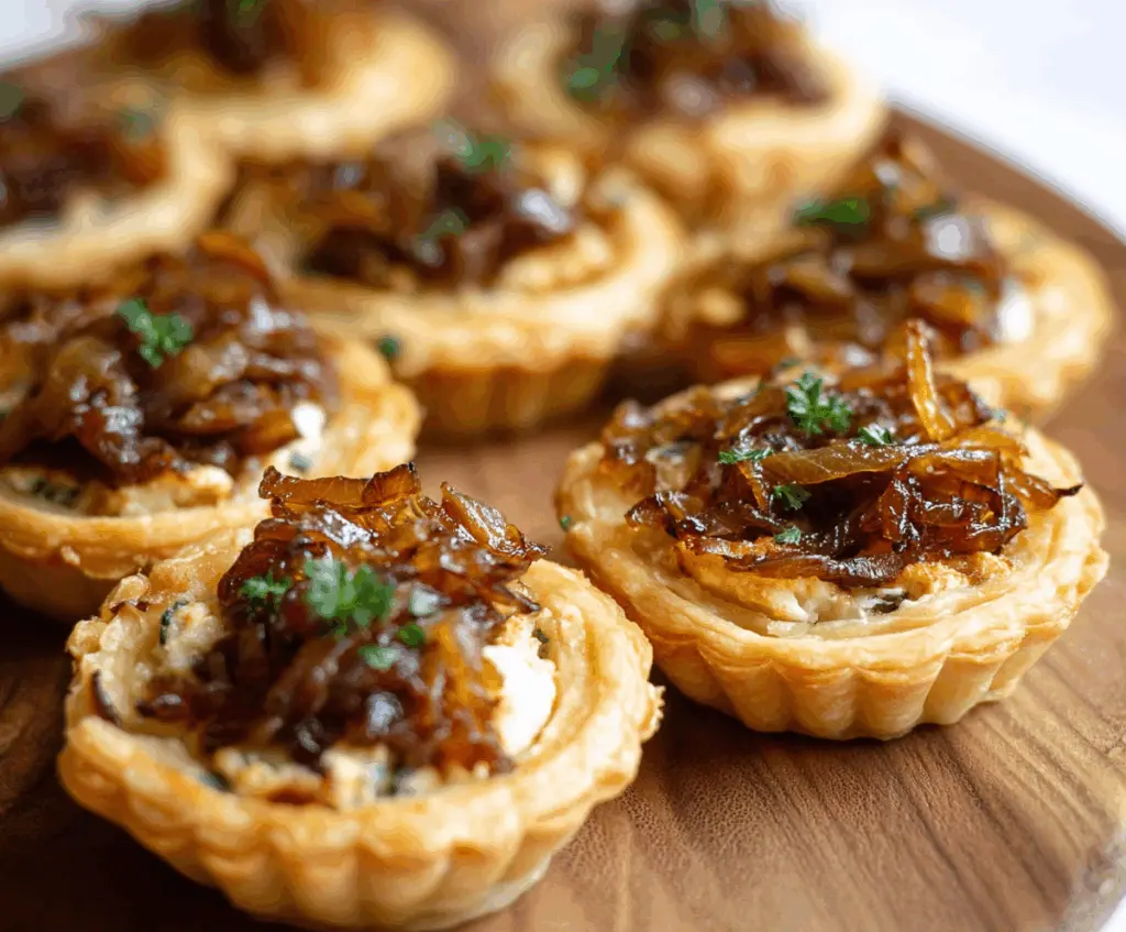 Delicious caramelized onion tartlets garnished with fresh herbs on a rustic plate