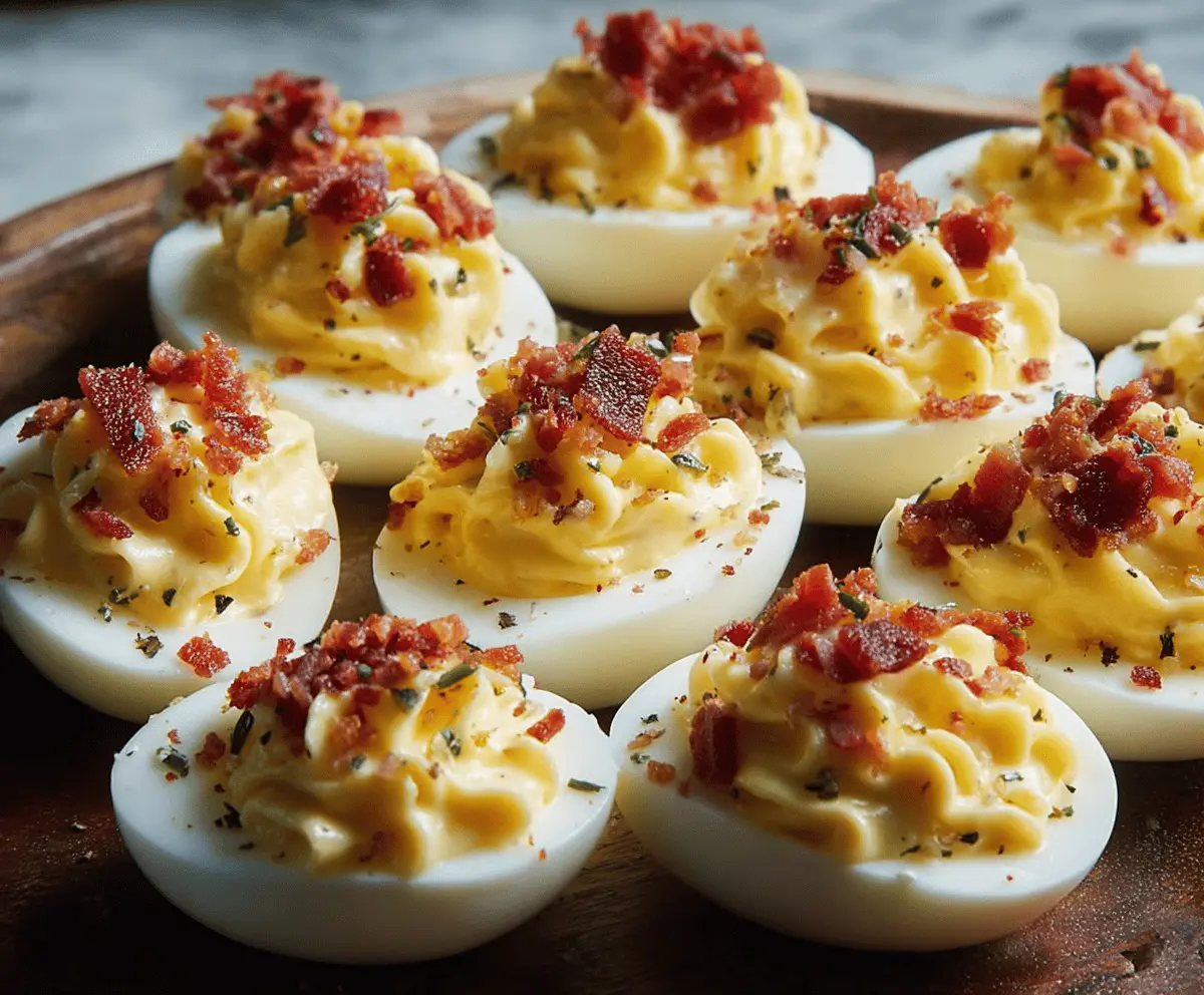 Delicious Carbonara Deviled Eggs garnished with parsley on a white plate.