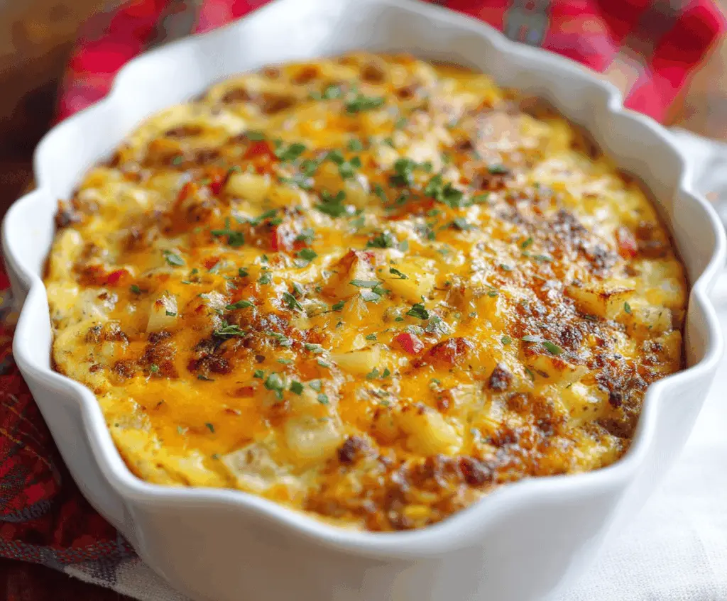 Delicious cheesy potato breakfast casserole topped with melted cheese and fresh herbs.