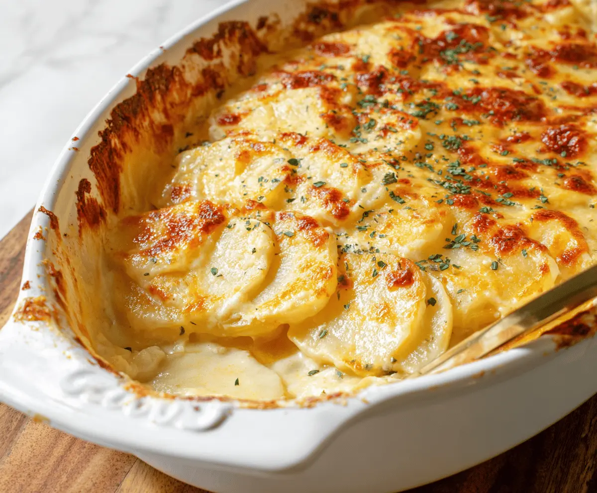 Creamy cheesy scalloped potatoes baked to perfection with golden brown edges.