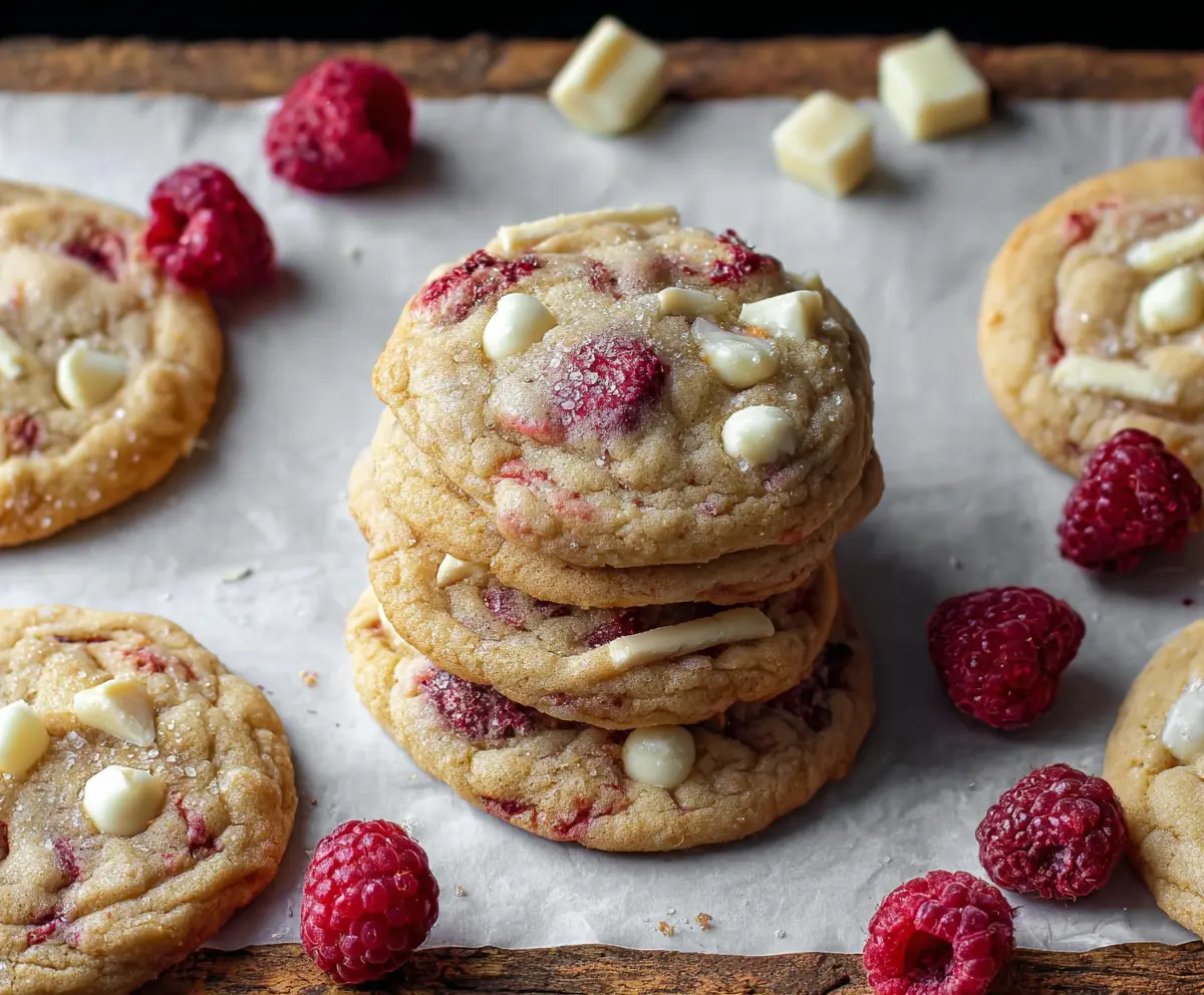 Delicious chewy raspberry white chocolate cookies on a plate, showcasing vibrant red raspberries and creamy white chocolate chunks.