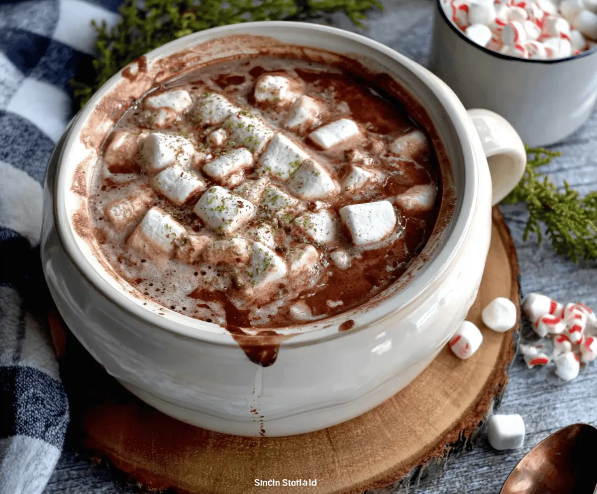 Warm and creamy Christmas Eve Crockpot Hot Chocolate in a festive mug, topped with whipped cream and chocolate shavings.