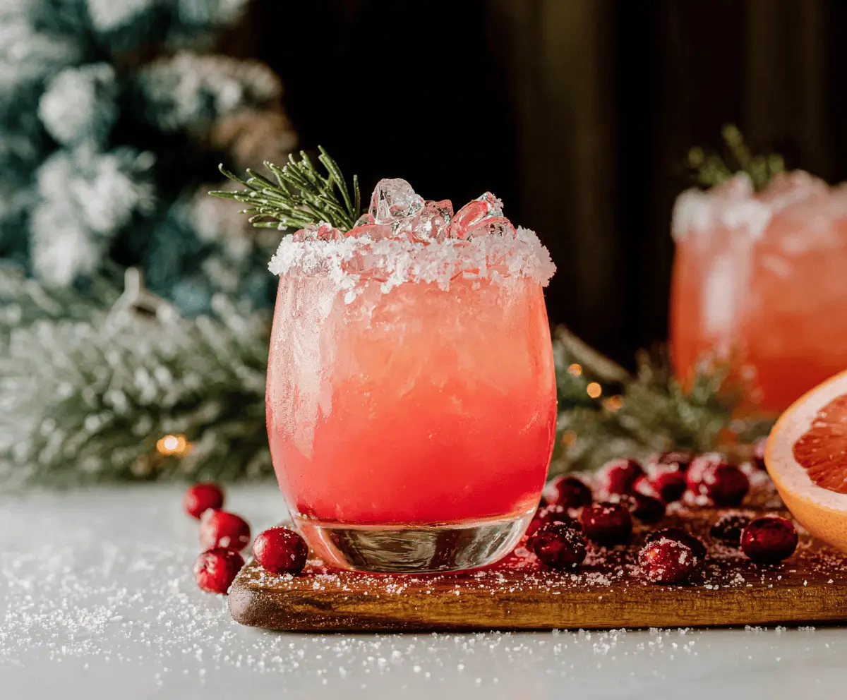 Festive Christmas Paloma cocktail with grapefruit and pomegranate garnishes on a holiday table.