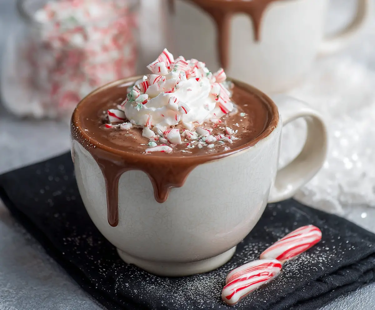 Delicious Christmas Peppermint Hot Chocolate in a cozy mug topped with whipped cream and peppermint candies.