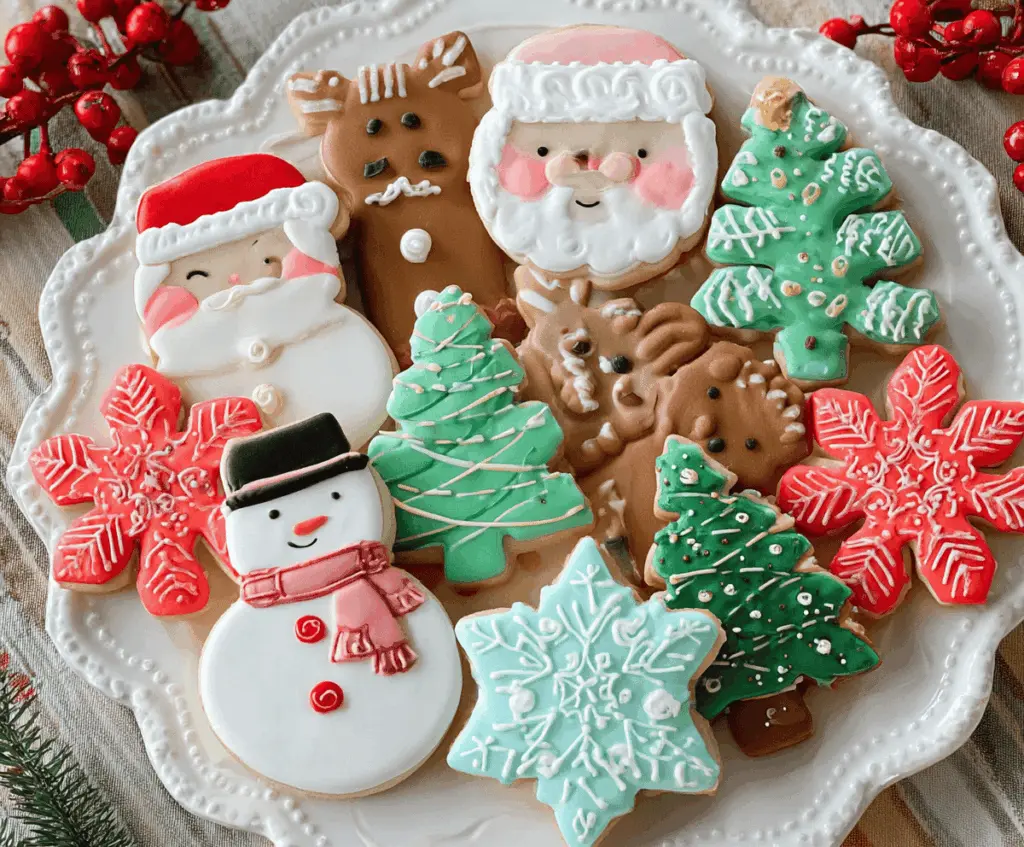 Festive Christmas Sugar Cookies decorated with colorful icing and sprinkles on a holiday table