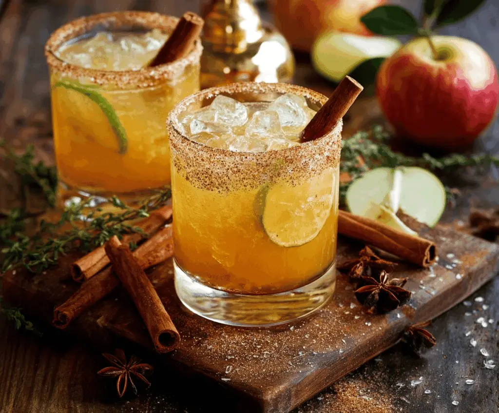 Refreshing Cinnamon Apple Cider Margarita topped with cinnamon and apple slices for a festive drink.