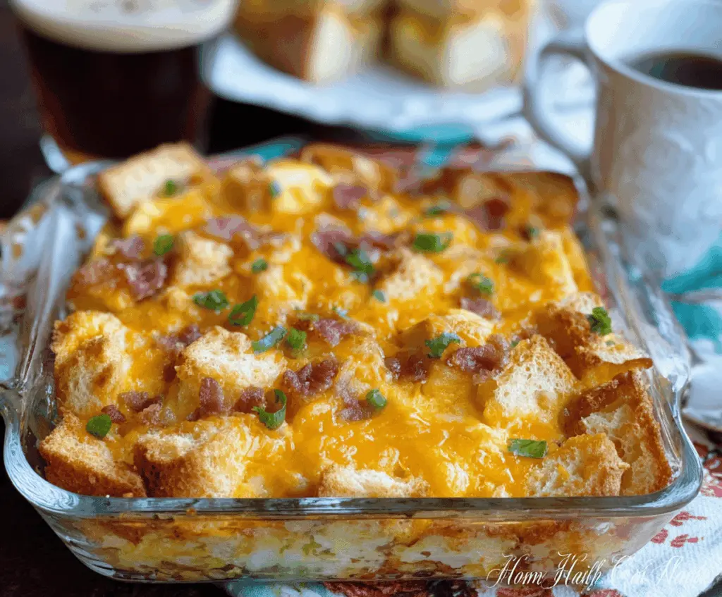 Delicious Country Breakfast Casserole with eggs, sausage, and cheese in a baking dish.
