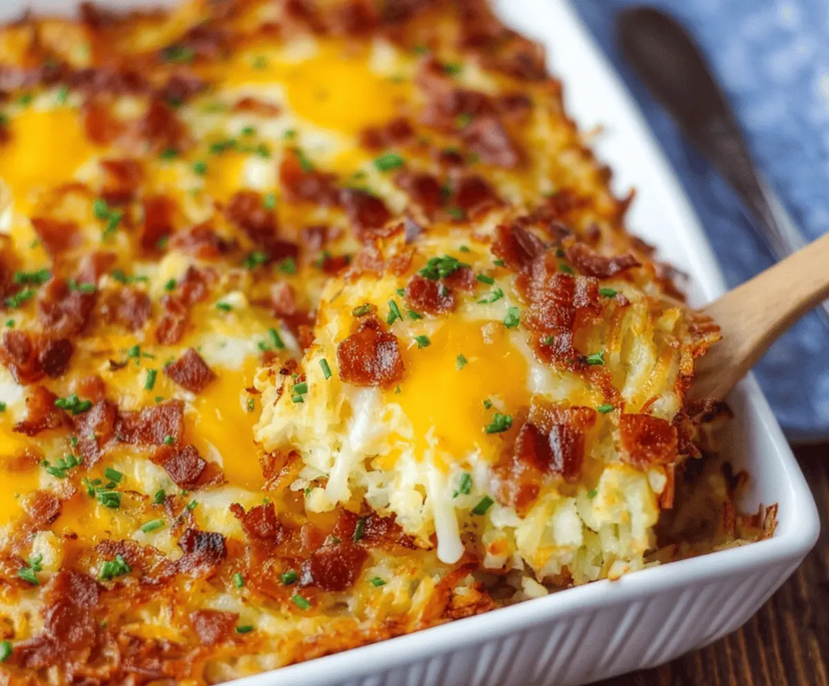 Delicious Crack Breakfast Casserole with crispy hashbrowns, eggs, sausage, and cheese served in a baking dish.