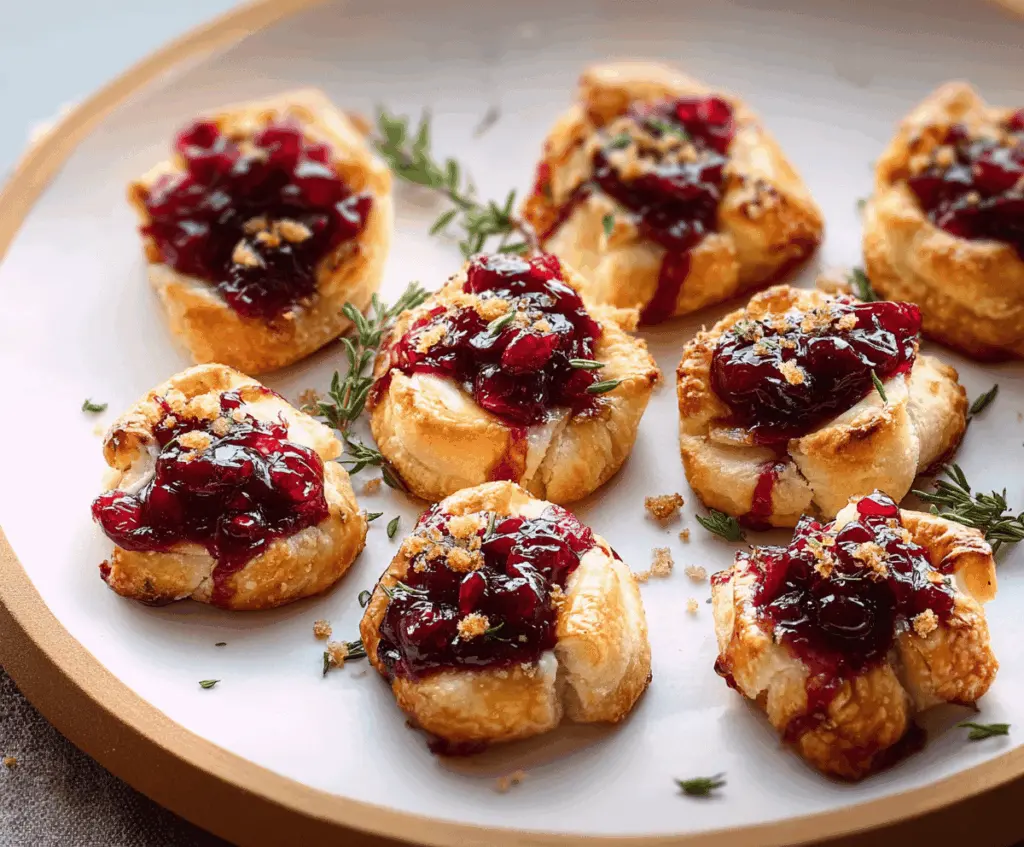 Delicious Cranberry Brie Bites served on a platter, featuring creamy Brie cheese with cranberry topping for a festive appetizer.