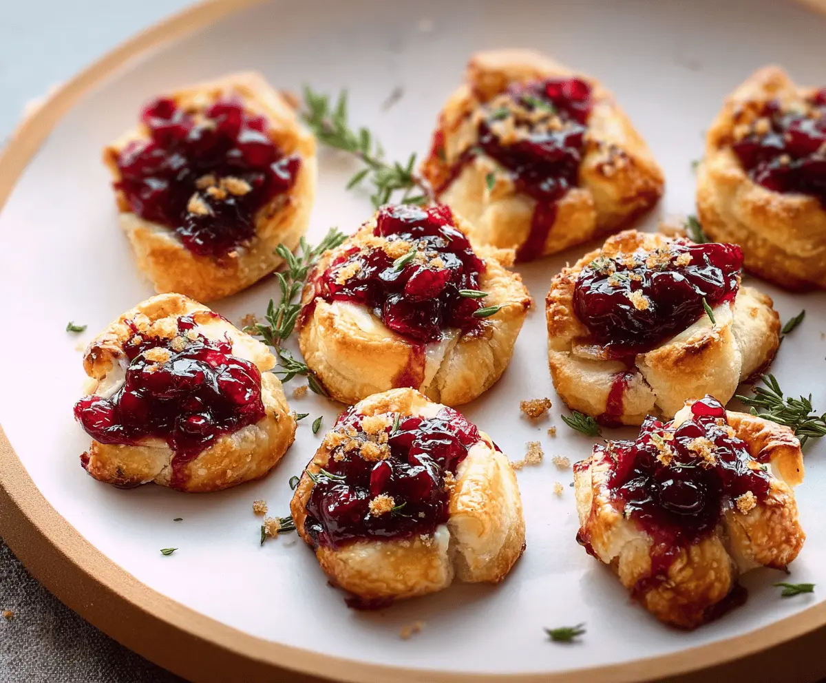 Delicious Cranberry Brie Bites served on a platter, featuring creamy Brie cheese with cranberry topping for a festive appetizer.