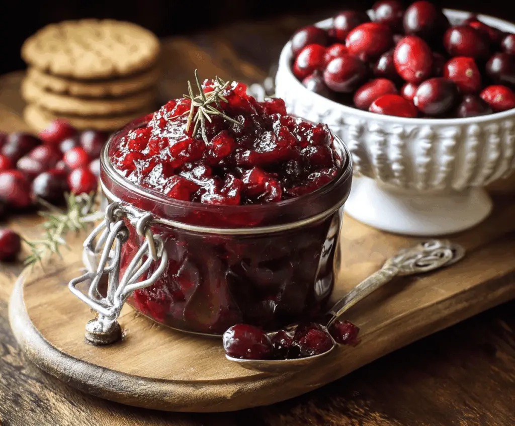 Bright and tangy cranberry chutney served in a bowl, perfect for holiday dishes.