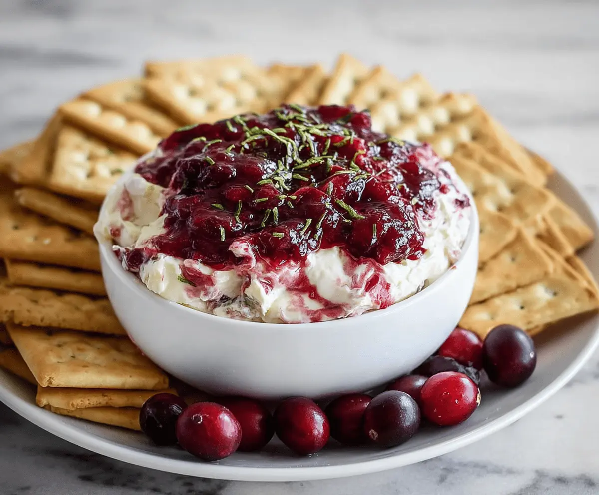 Creamy cranberry dip with dollops of cream cheese topped with fresh cranberries for a festive appetizer.