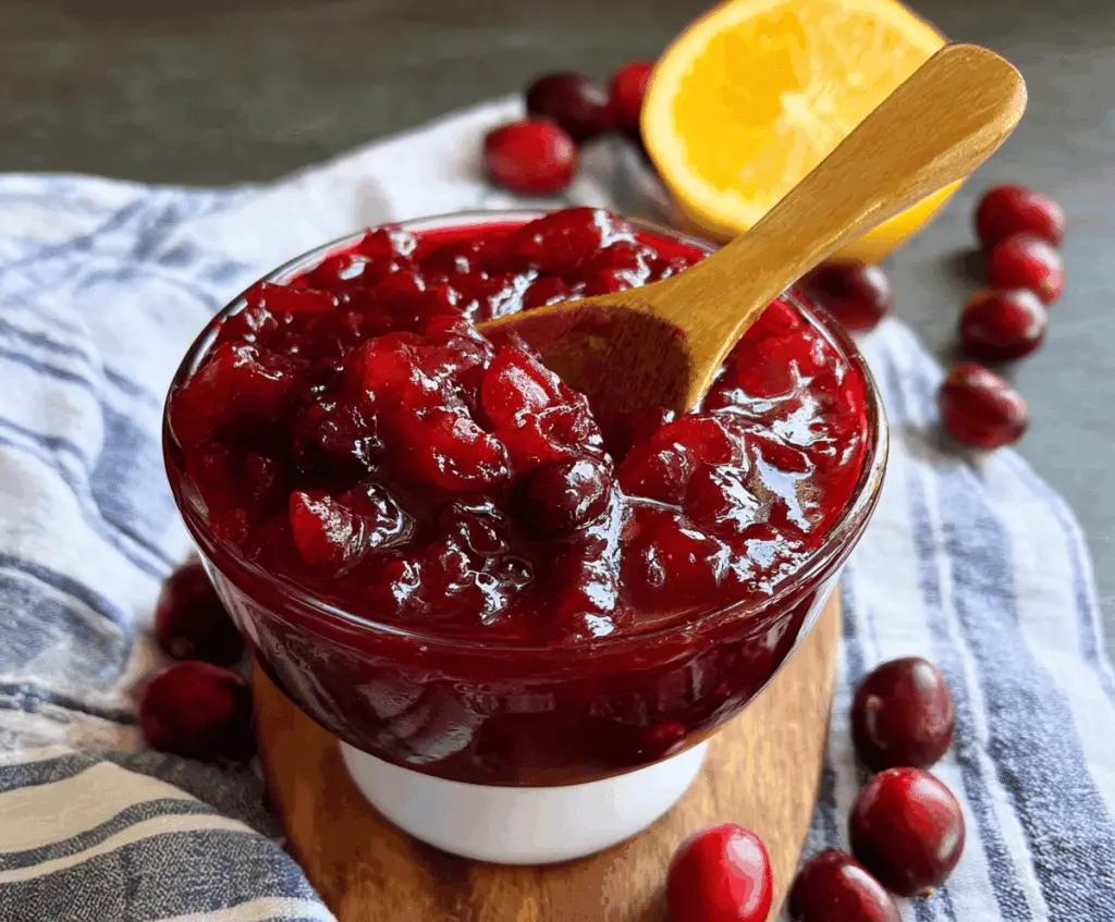Delicious cranberry mango sauce served in a glass bowl, perfect for holiday dishes.