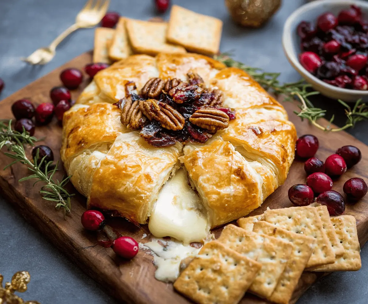 Cranberry Pecan Brie wrapped in golden puff pastry, perfect for appetizers or holiday gatherings.