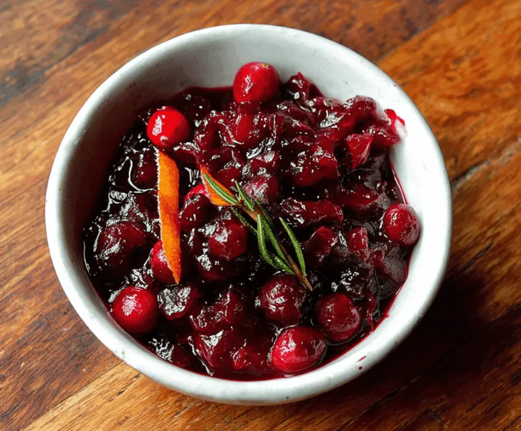 Delicious cranberry red wine sauce served in a glass bowl, perfect for holiday dinners.