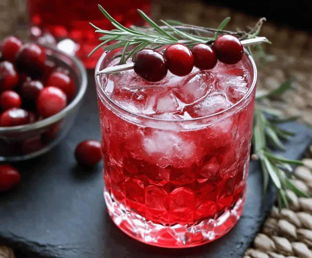 Chilled Cranberry Rosemary Vodka Cocktail garnished with fresh cranberries and rosemary sprigs in a stylish glass.