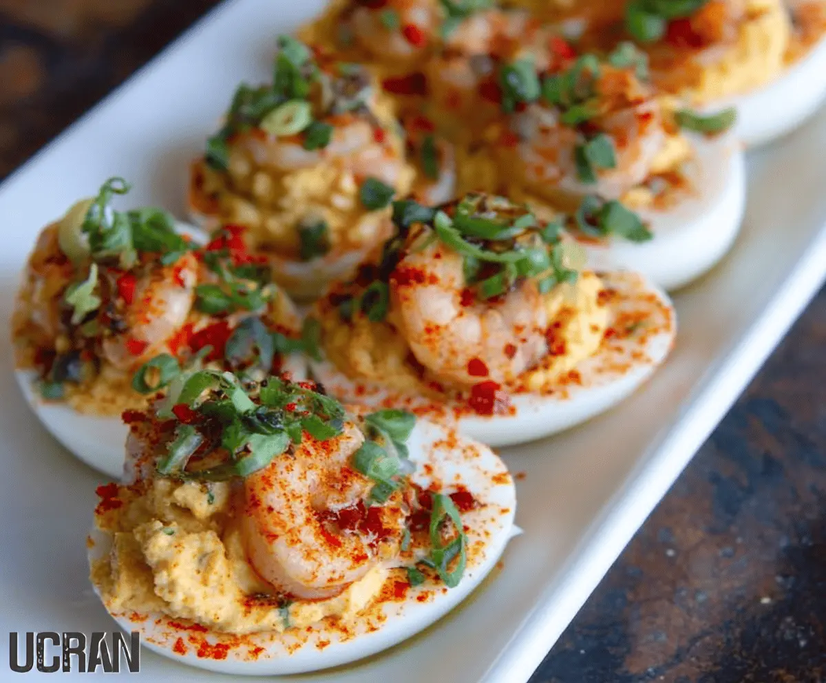 Delicious Crawfish Deviled Eggs topped with fresh herbs, perfect for seafood lovers.