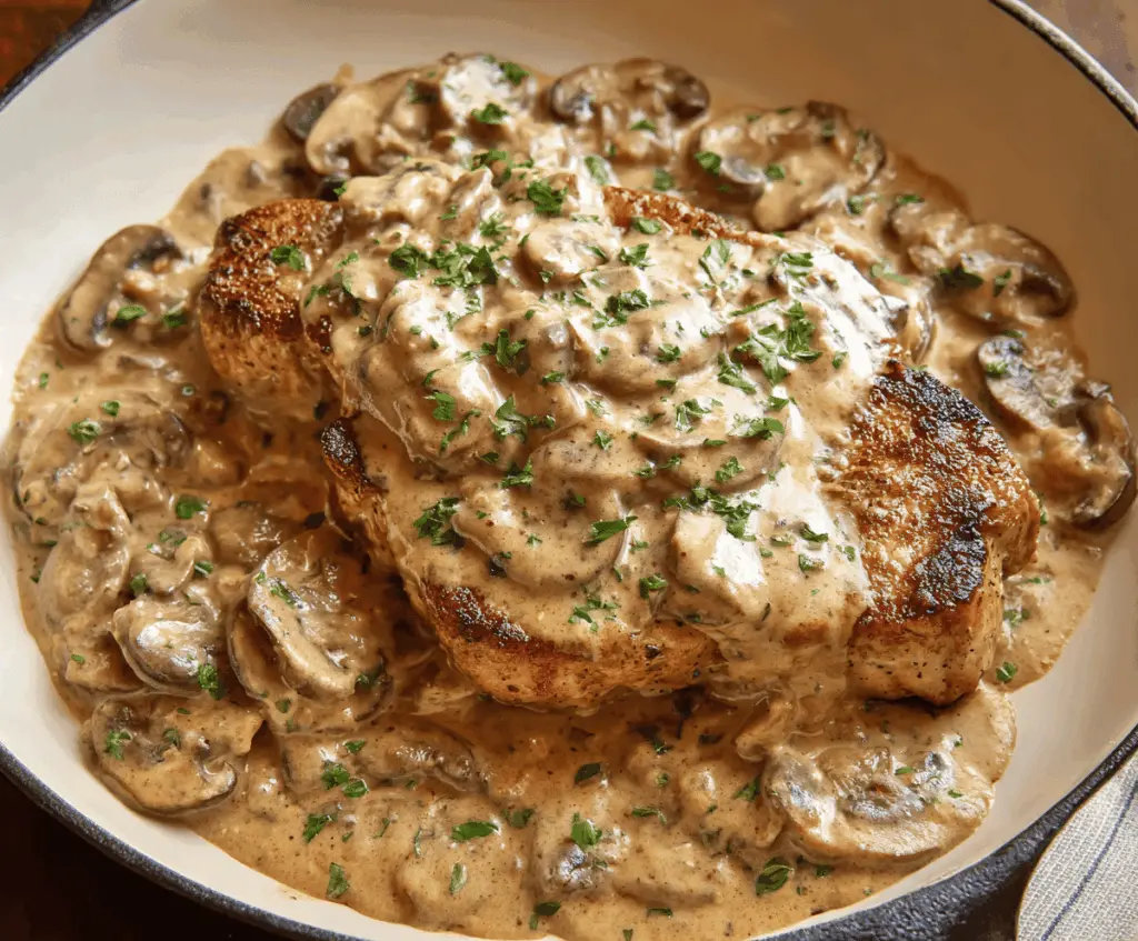 Delicious Cream of Mushroom Pork Chops served on a plate with fresh herbs