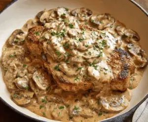 Delicious Cream of Mushroom Pork Chops served on a plate with fresh herbs