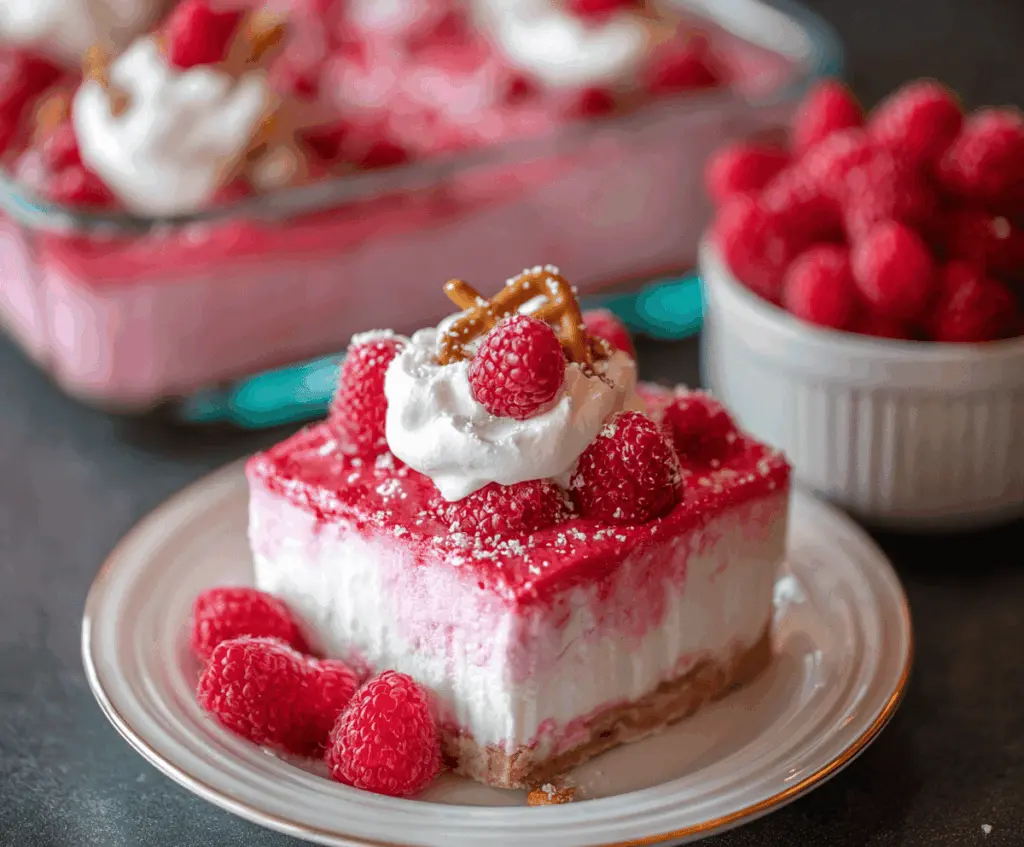 Creamy raspberry pretzel dessert with a smooth, creamy top and crunchy pretzel crust, perfect for summer gatherings.