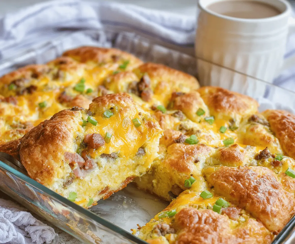 Delicious Crescent Roll Breakfast Casserole with eggs, cheese, and sausage in a baking dish.