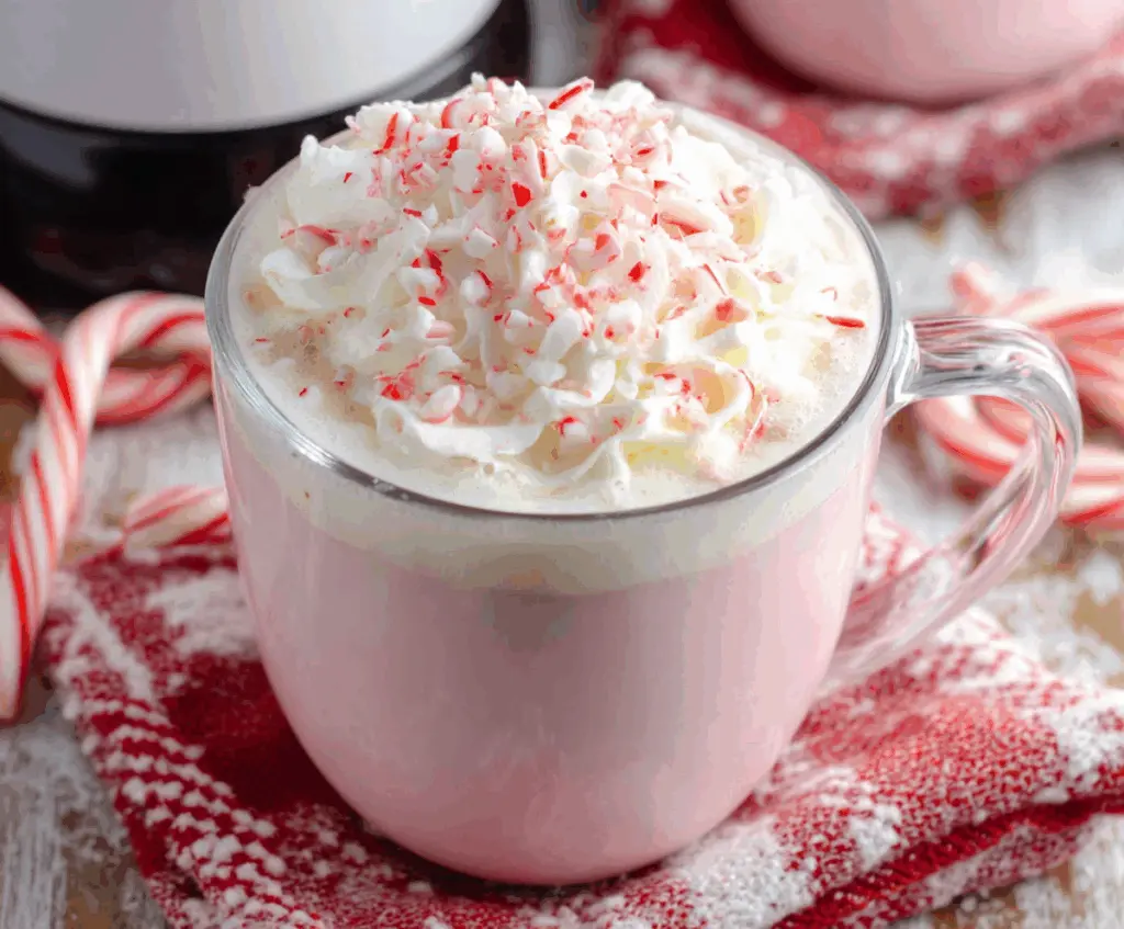 Creamy Crockpot Candy Cane White Hot Chocolate in a mug with whipped cream and peppermint garnish.