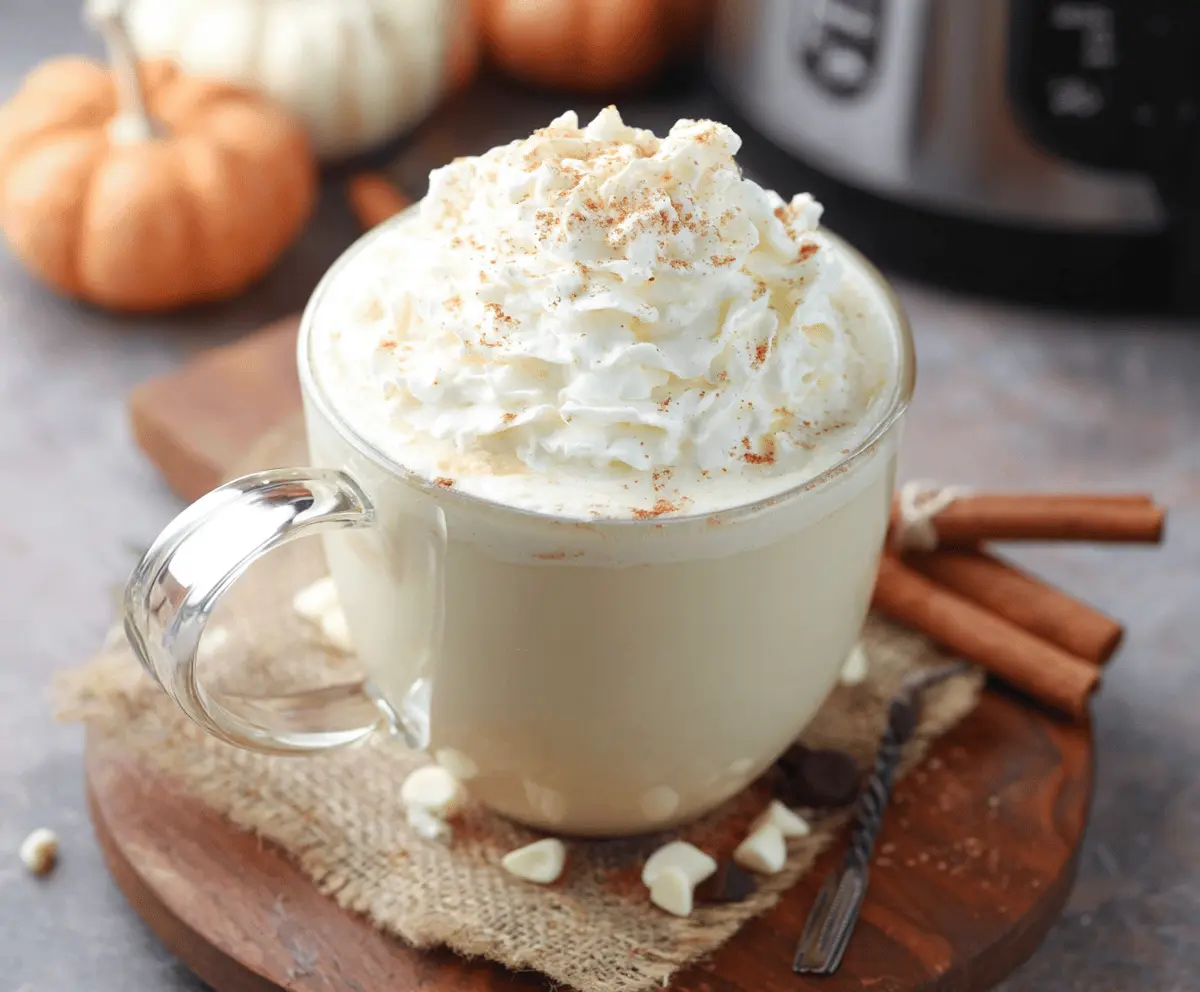 Creamy Crockpot Pumpkin Pie White Hot Chocolate served in a cozy mug with whipped cream and a sprinkle of cinnamon.