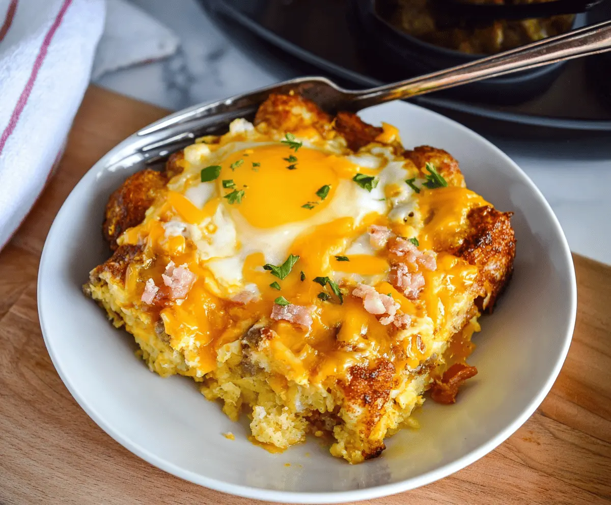 Delicious Crockpot Tater Tot Breakfast Casserole with eggs, cheese, and crispy Tater Tots ready to serve