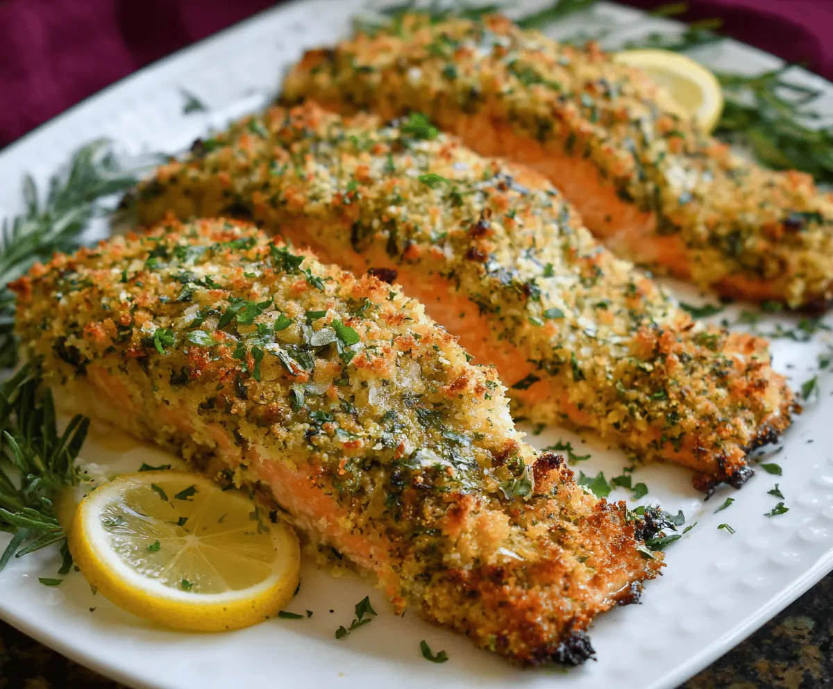 Delicious crusty salmon with Parmesan herb topping, perfect for a nutritious meal.