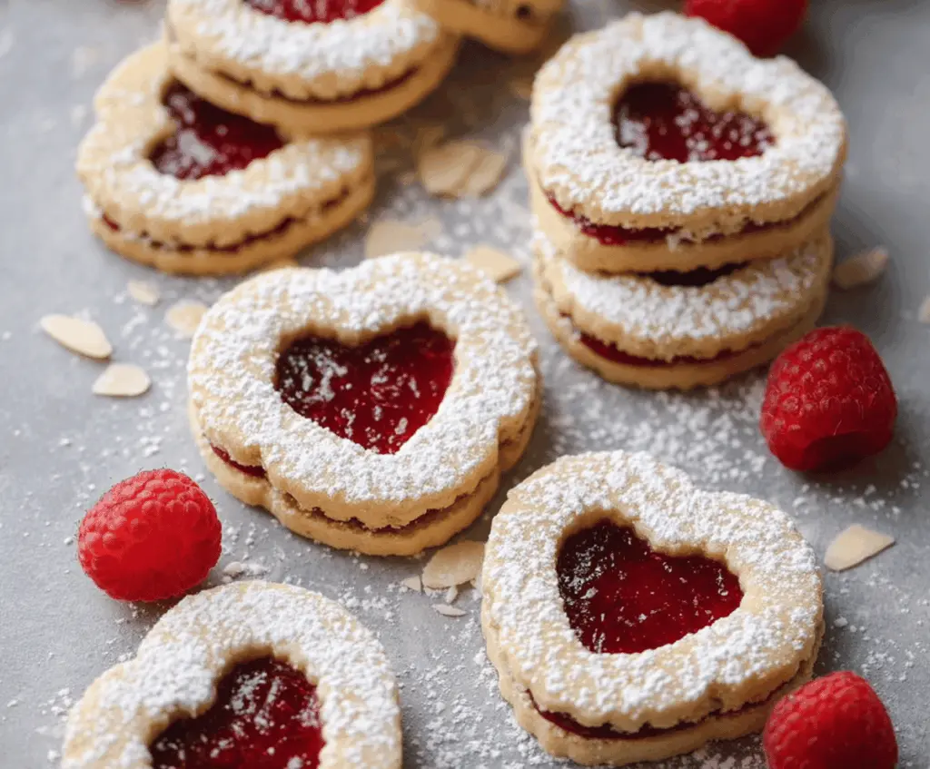 Delicious Easy Raspberry Almond Linzer Cookies with raspberry jam filling and almond cookies dusted with powdered sugar.
