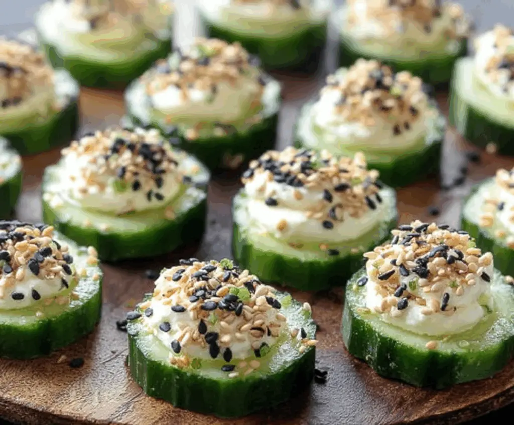 Fresh cucumber bites topped with everything bagel seasoning for a delicious appetizer.