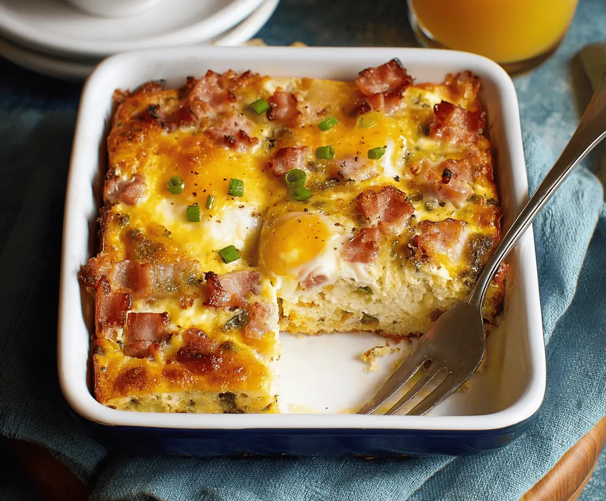 Delicious Farmer's Breakfast Casserole with eggs, bacon, and cheese in a baking dish.