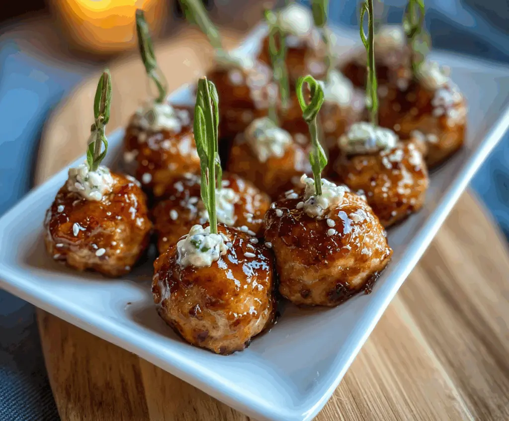 Delicious ginger glazed turkey meatball bites served on a platter, perfect appetizer for parties.