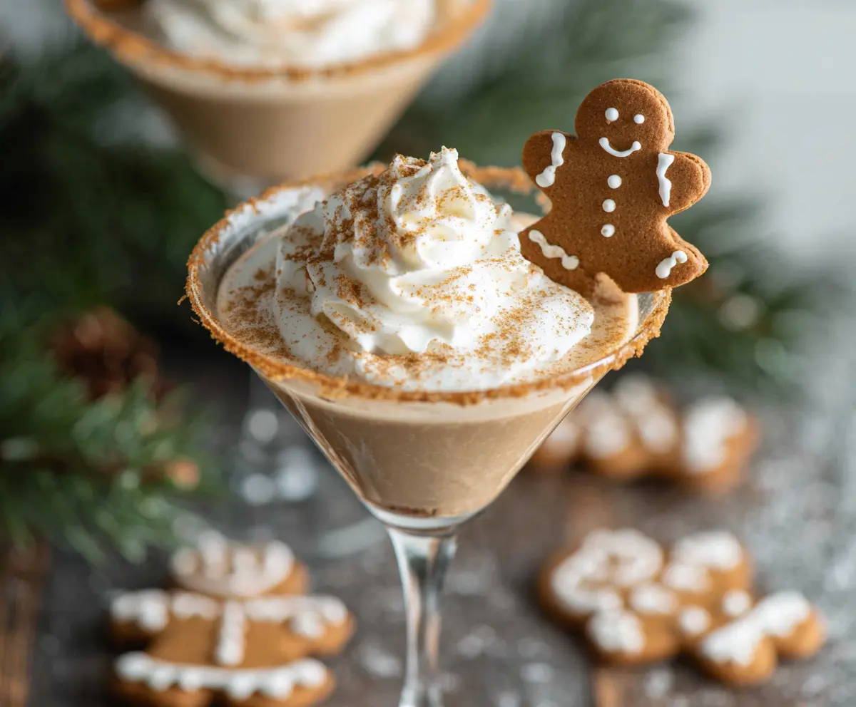 Festive Gingerbread Cookie Martini in a elegant glass garnished with gingerbread cookie and cinnamon stick