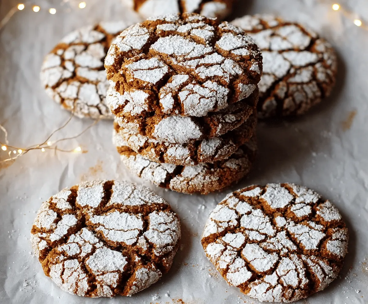 Delicious gingerbread crinkle cookies with cracked sugar coating on a festive plate