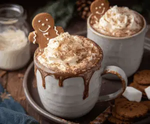 Warm gingerbread hot chocolate in a mug topped with whipped cream and a sprinkle of cinnamon.