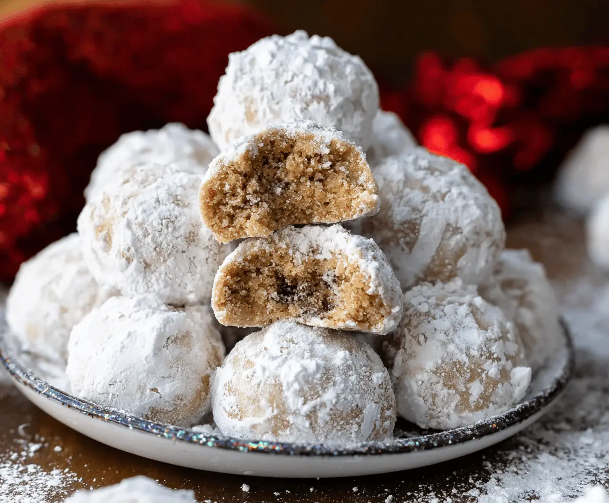 Delicious gingerbread snowball cookies dusted with powdered sugar on a festive plate