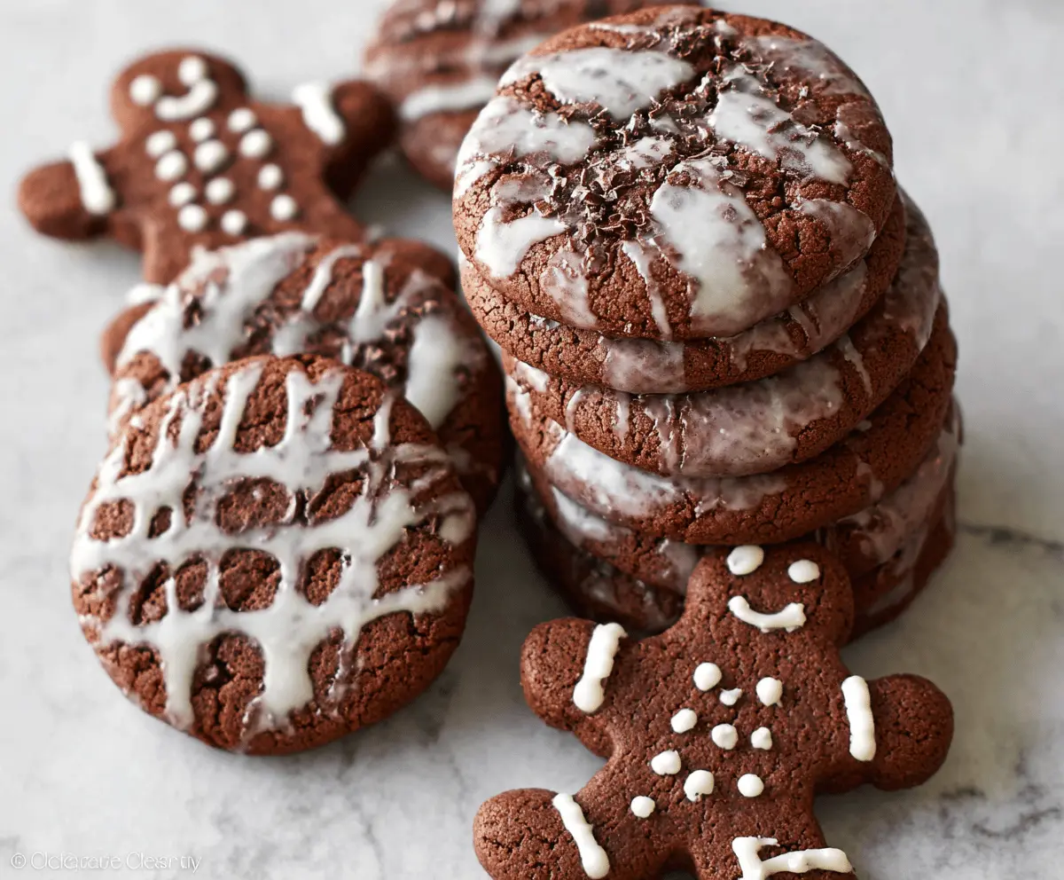 Delicious glazed chocolate gingerbread cookies on a festive plate, perfect for holiday baking.