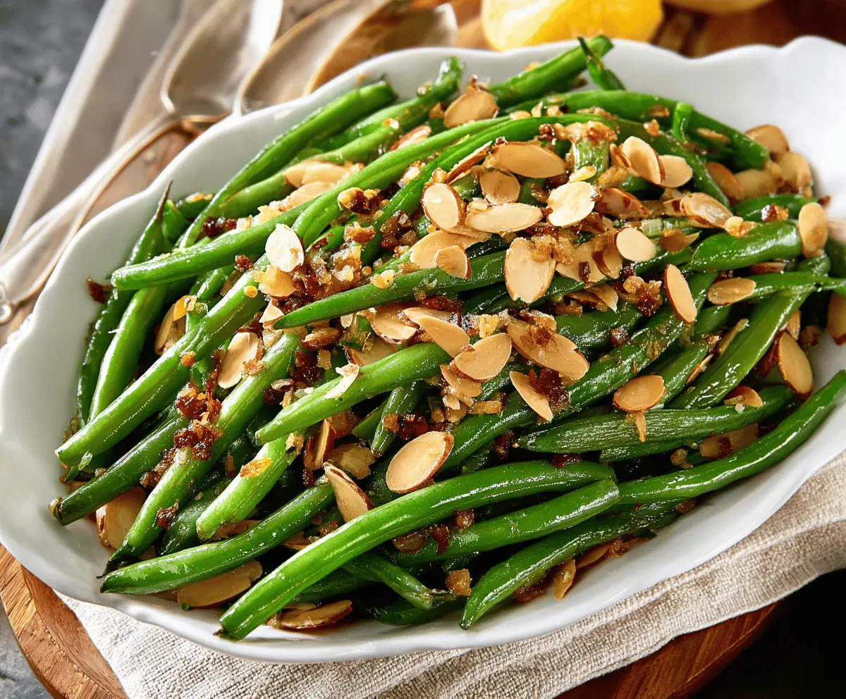 Delicious Green Bean Almondine dish featuring tender green beans topped with toasted almonds