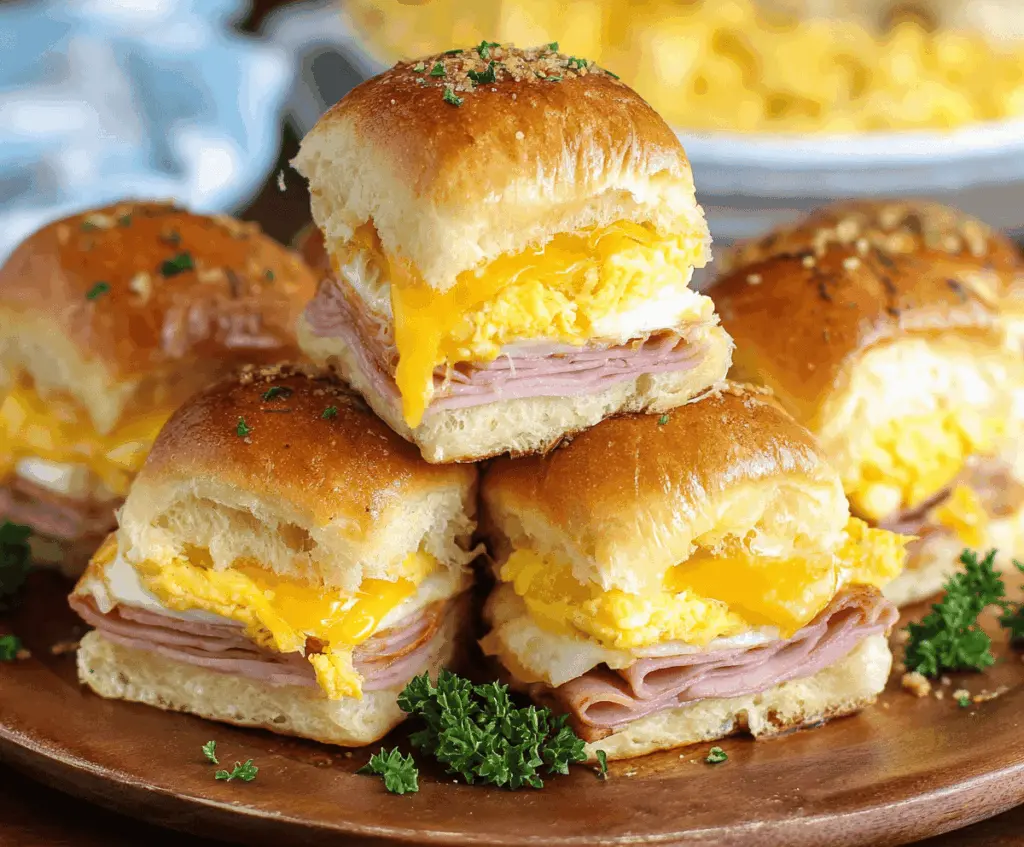 Delicious ham and cheese breakfast sliders served hot and fresh.